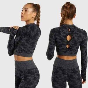 GYMSHARK Adapt Grey Black Camo Seamless Long Sleeve Crop Top
